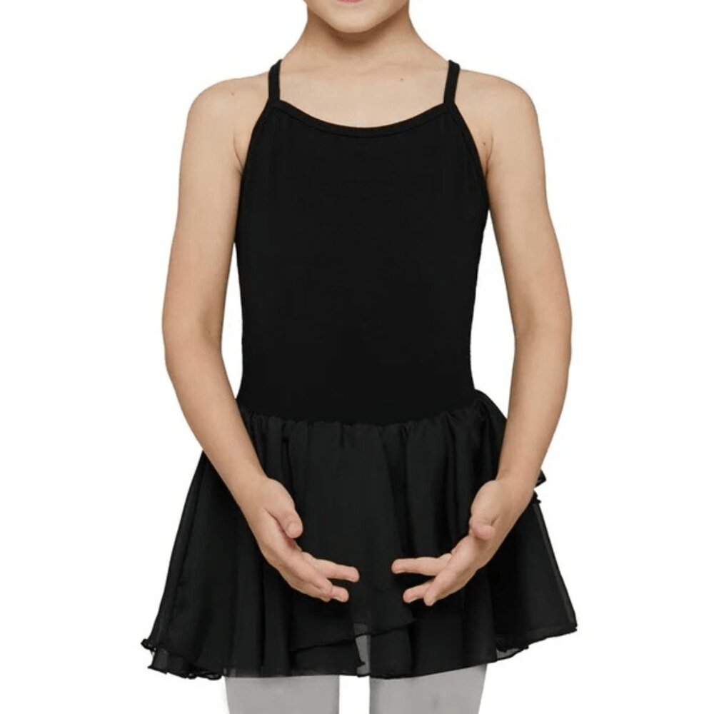 Girls Spaghetti Strap Ballet Leotard with Layered Tulle Skirt, Black, M